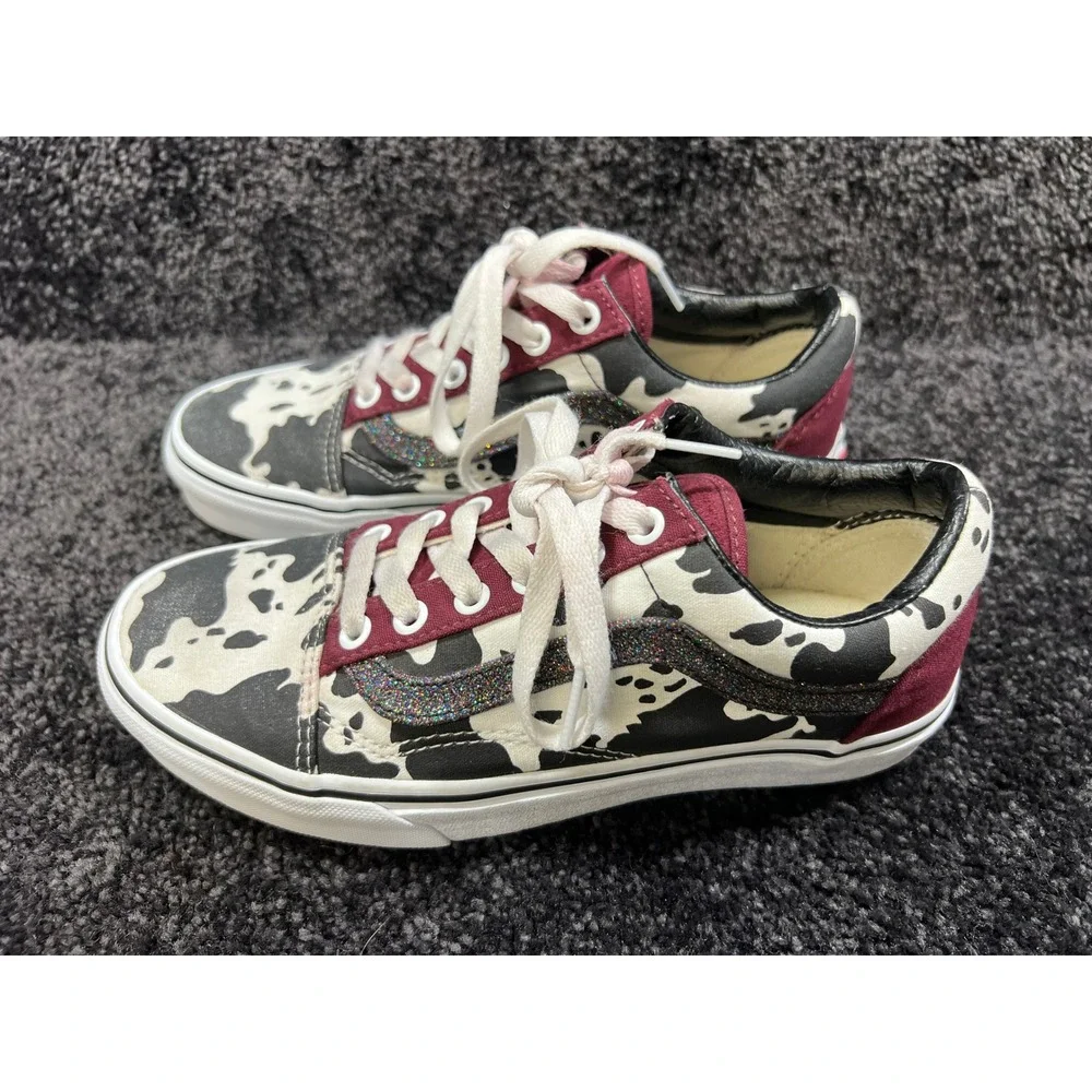 Vans Old Skool Custom Cow Print Glitter Stripe Burgundy Heel Sneakers 6M/7.5W